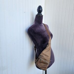 Slouchy Satin Women’s Tan Brown Crossbody Bag Black Tiangle Zip Backpack Stain